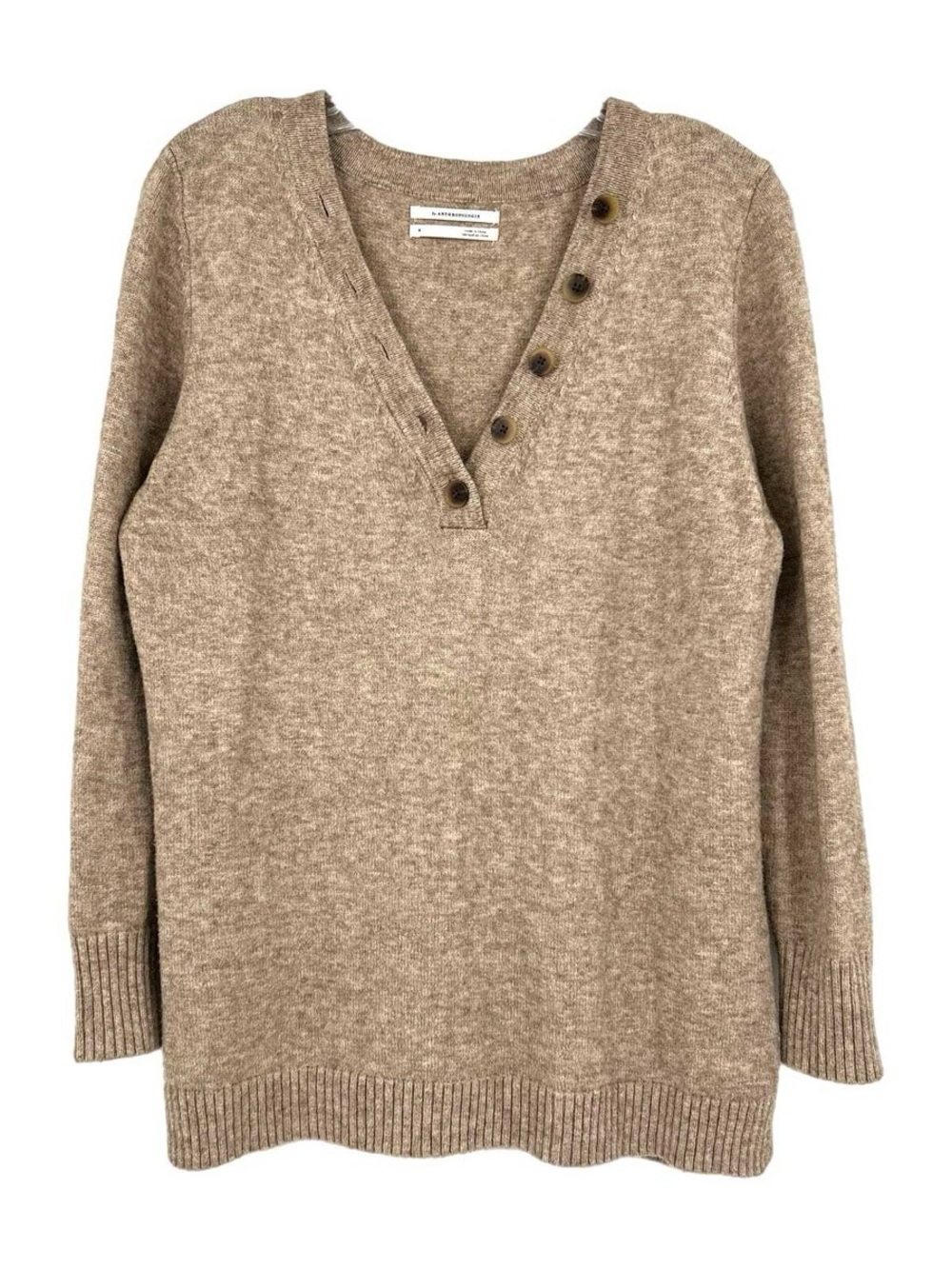 Anthropologie Beige Brown Tortoise Button V-Neck Sweater Pullover Size Small